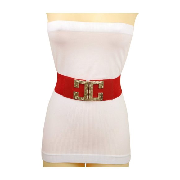 Women Red Elastic Hip High Waist Fashion Belt Big Gold Metal C Buckle Size S M - Picture 4 of 17